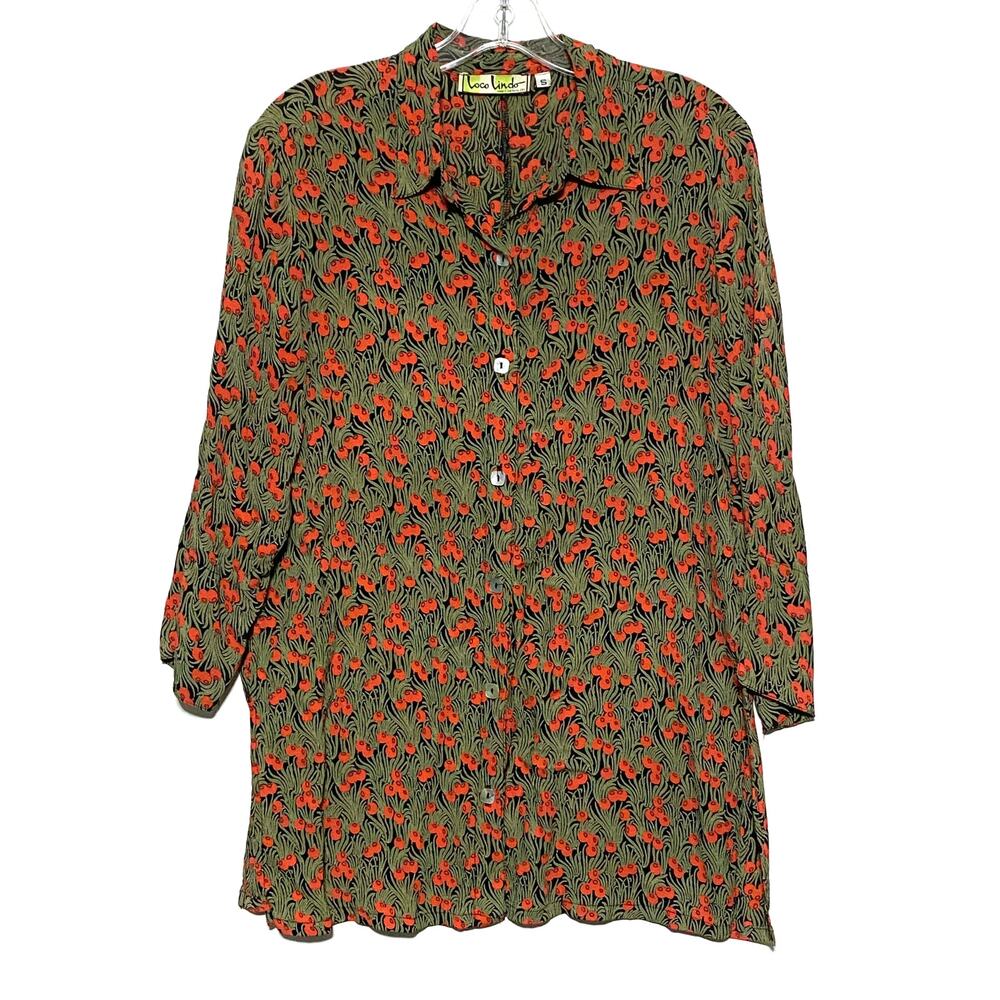 VTG Loco Lindo Cherry Rayon Tunic Button Top Women S Retro Artsy Unique Boho 90s